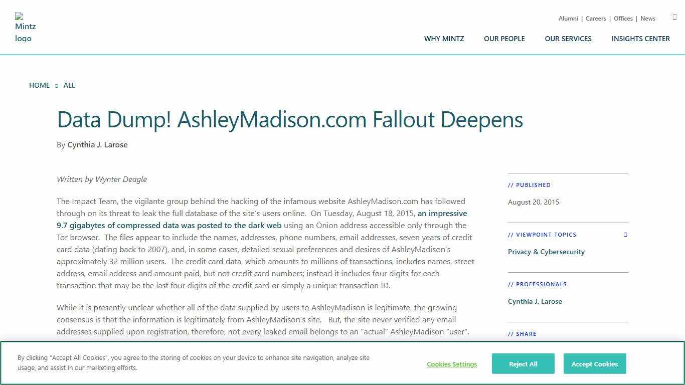 Data Dump! AshleyMadison.com Fallout Deepens Mintz